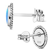 Oval Synthetic Azure Opal Silver Stud Earrings, e336